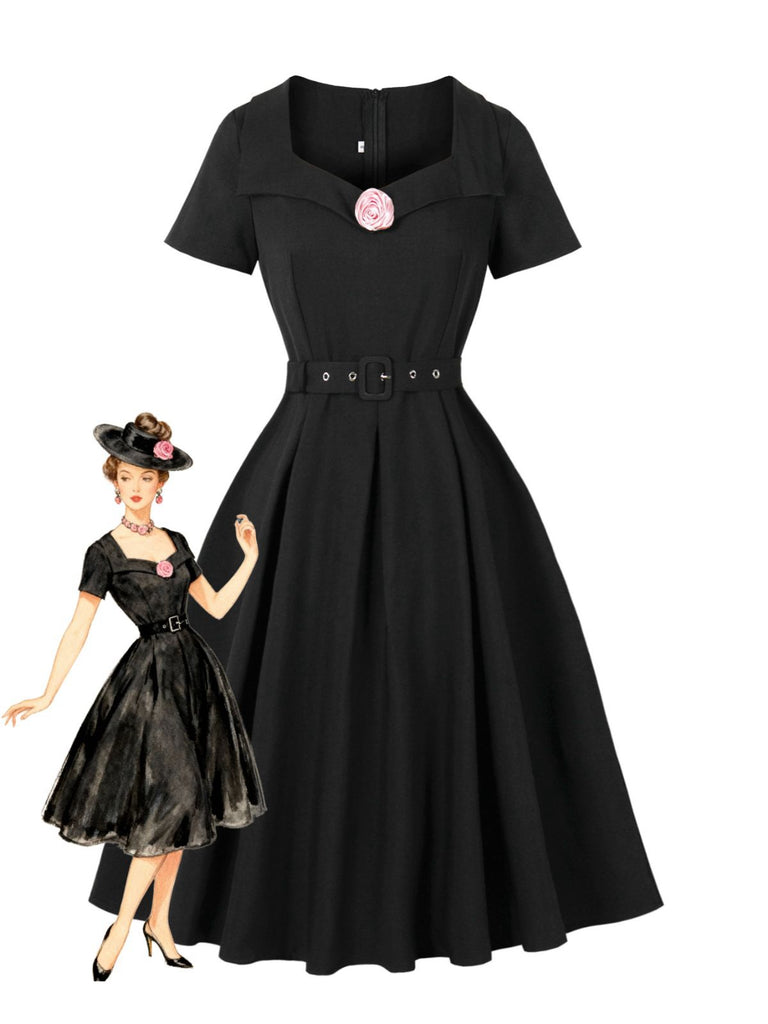 Black 1950s Solid 3D Rose Lapel Swing Dress