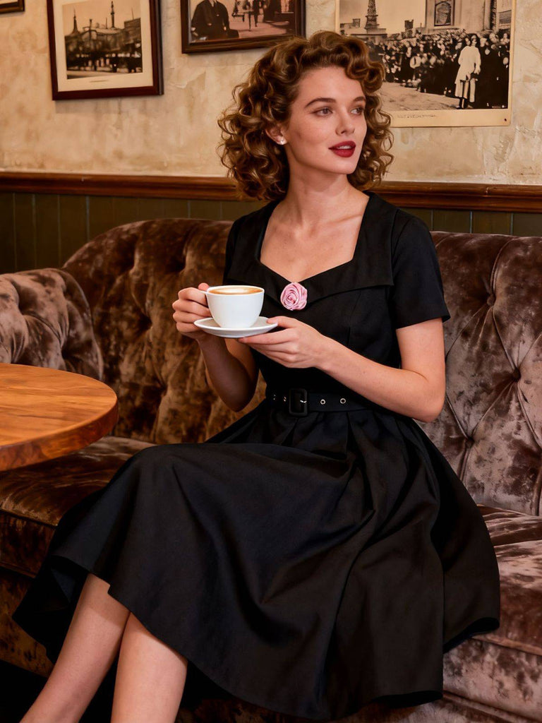 Black 1950s Solid 3D Rose Lapel Swing Dress