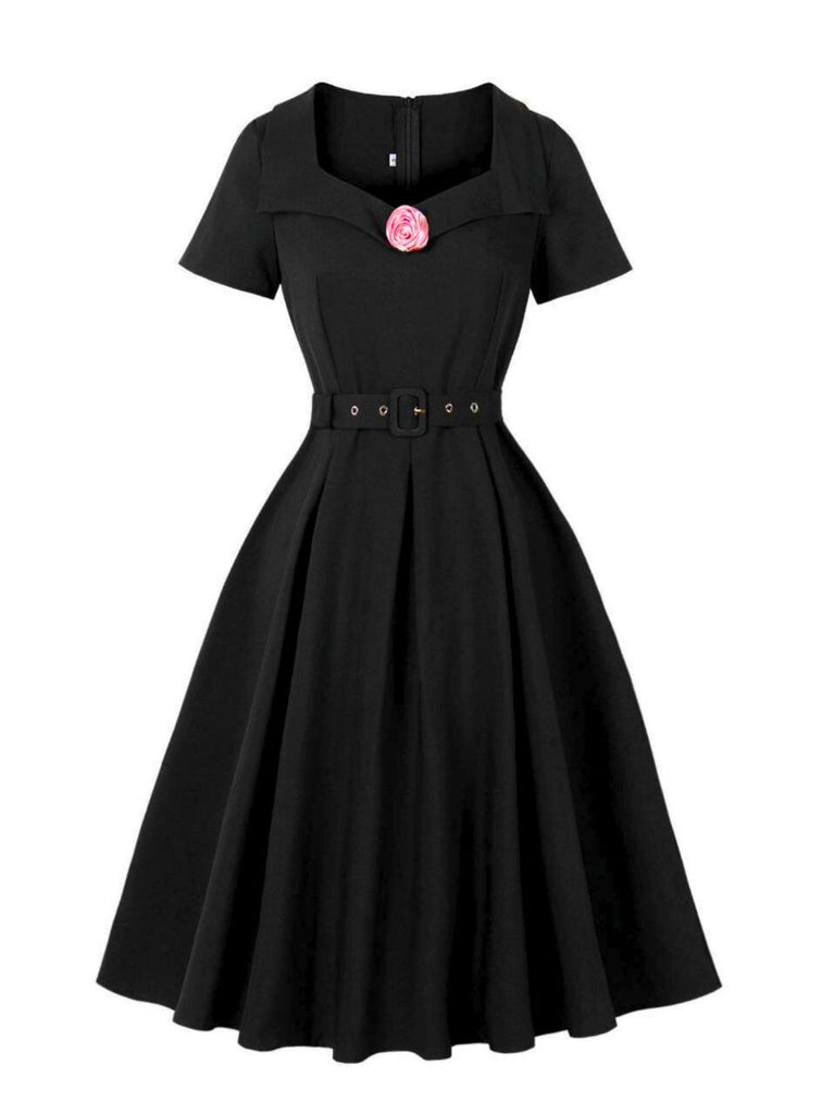 Black 1950s Solid 3D Rose Lapel Swing Dress
