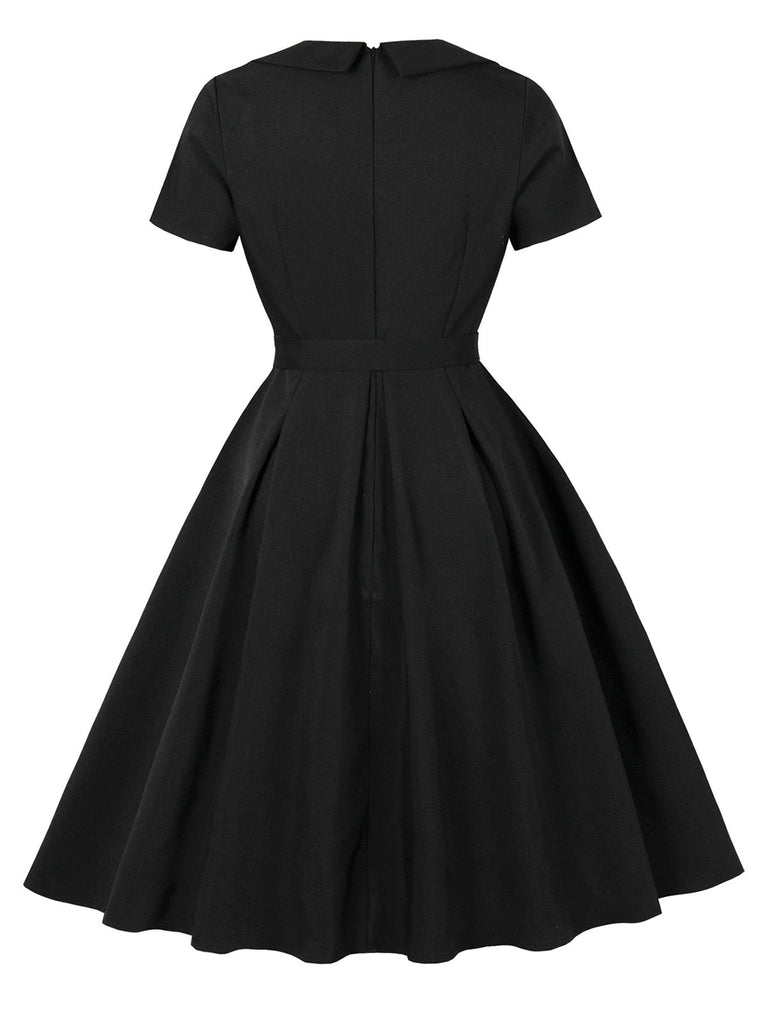 Black 1950s Solid 3D Rose Lapel Swing Dress