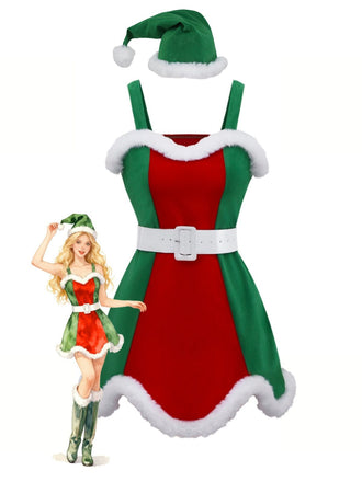 Red & Green 1960s Christmas Plush Trim Dress Set