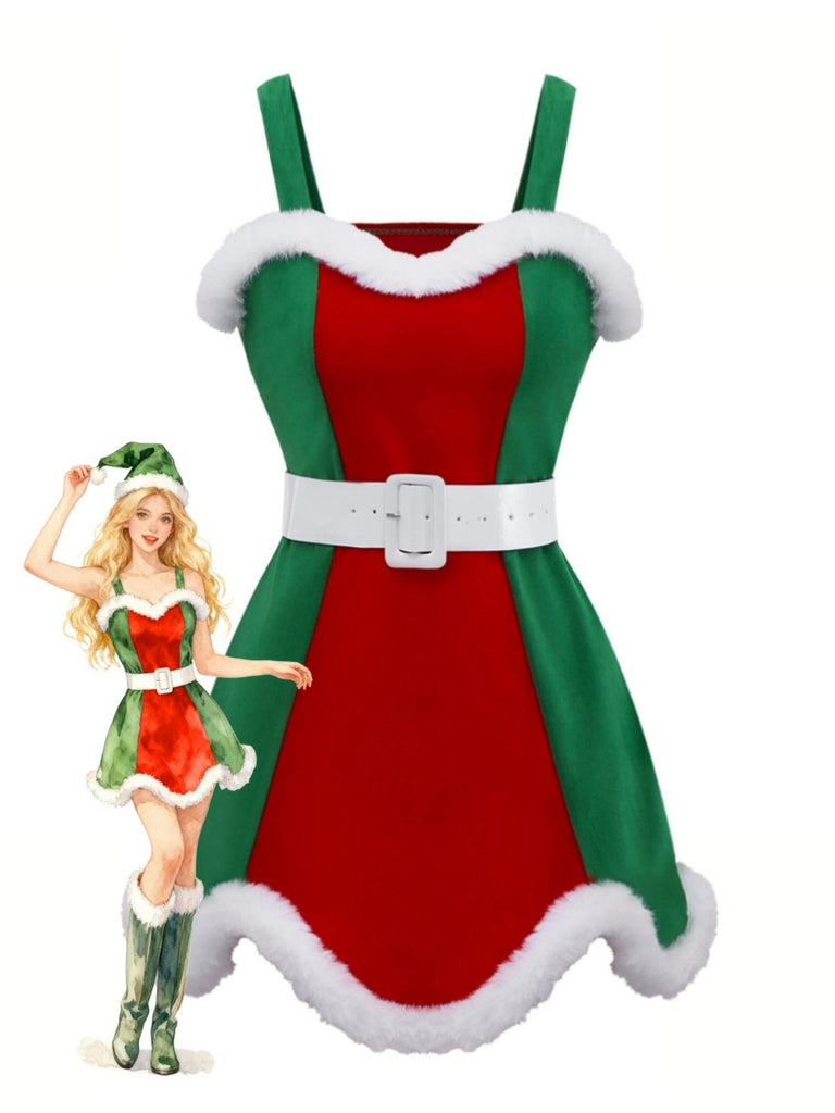 Red & Green 1960s Christmas Plush Trim Dress Set