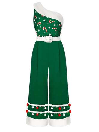 [Pre-Sale] [Plus Size] Green 1950s Christmas One Shoulder Fur Ball Belted Jumpsuit