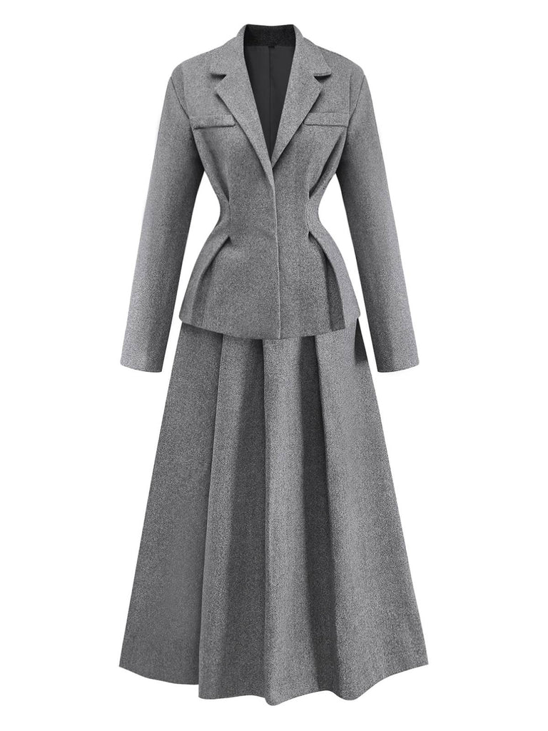 2PCS Grey 1940s Office Lapel Blazer & A-Line Pleated Skirt