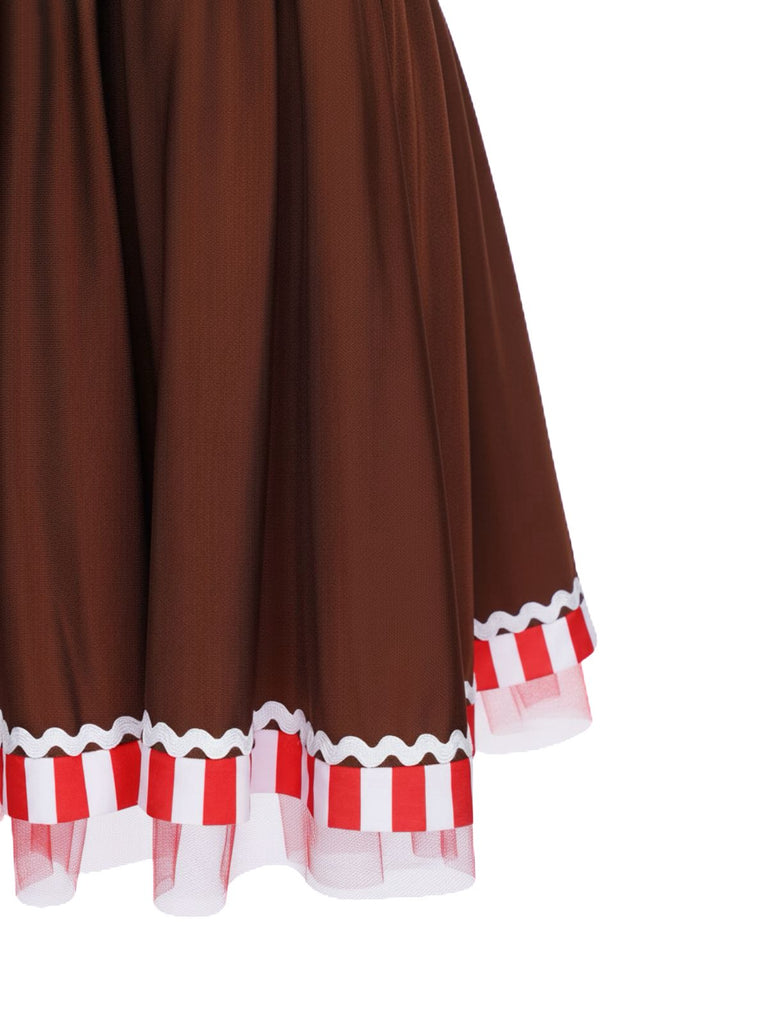 [Pre-Sale] Rust Red 1950s Gingerbread Man Stripe Patchwork Dress