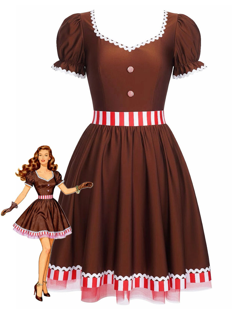 [Pre-Sale] Rust Red 1950s Gingerbread Man Stripe Patchwork Dress