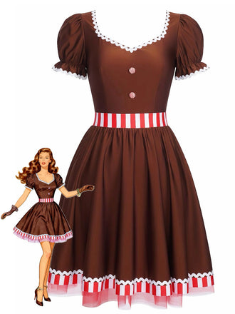 [Pre-Sale] Rust Red 1950s Gingerbread Man Stripe Patchwork Dress