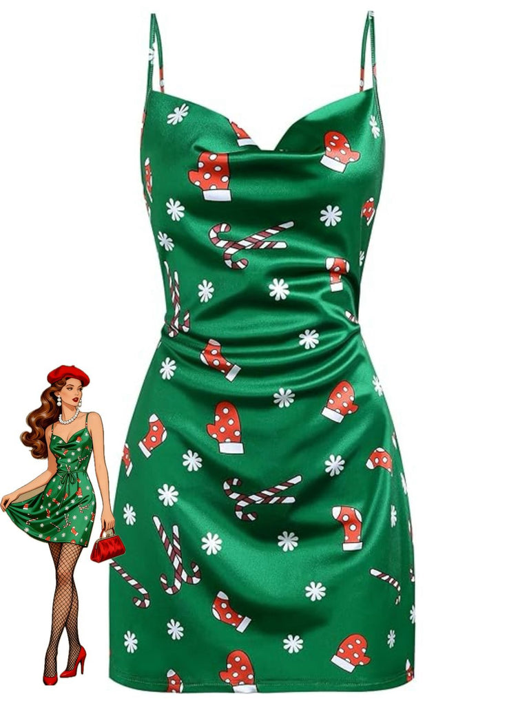[Pre-Sale] Green 1960s Christmas Cowl Neck Slip Dress