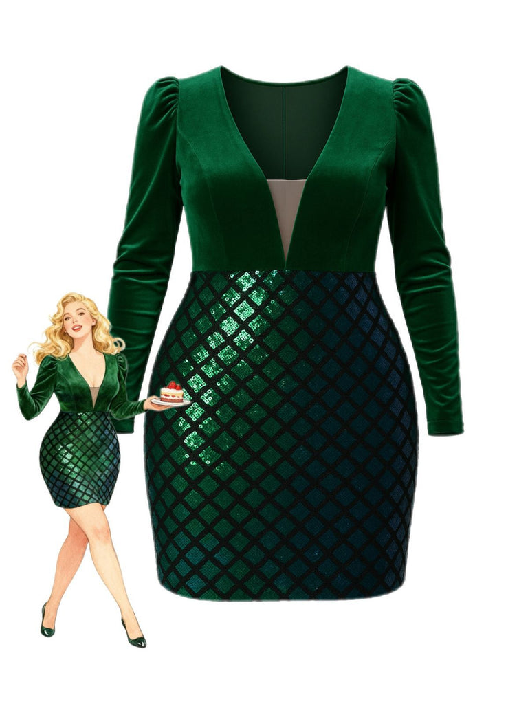 [Plus Size] Green 1960s Seuqins V-Neck Velvet Bodycon Dress