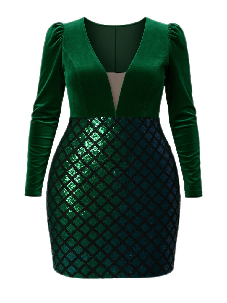 [Plus Size] Green 1960s Seuqins V-Neck Velvet Bodycon Dress
