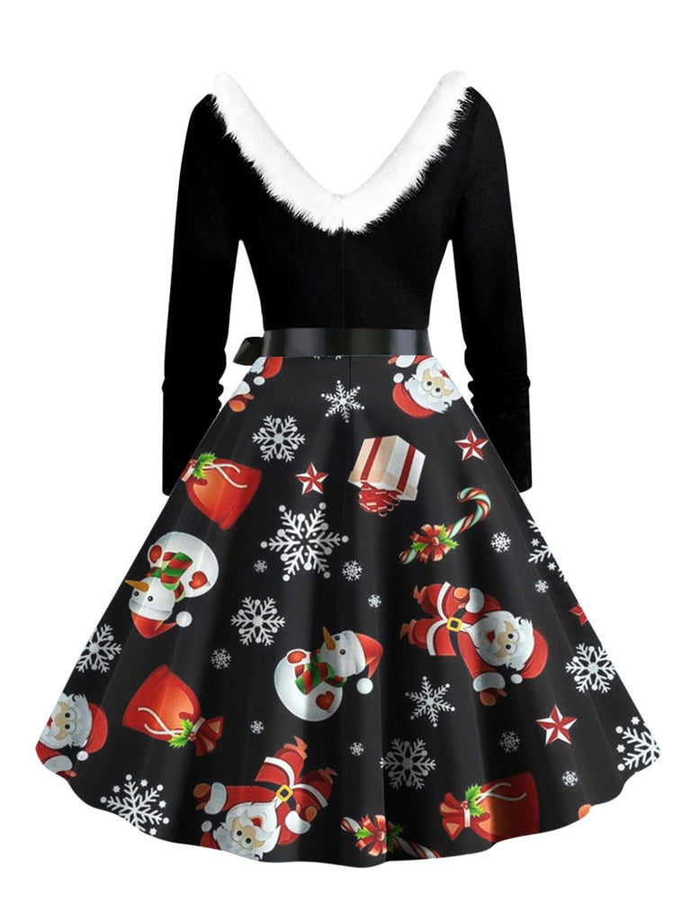 1950s Christmas V-Neck Fur Collar Swing Dress