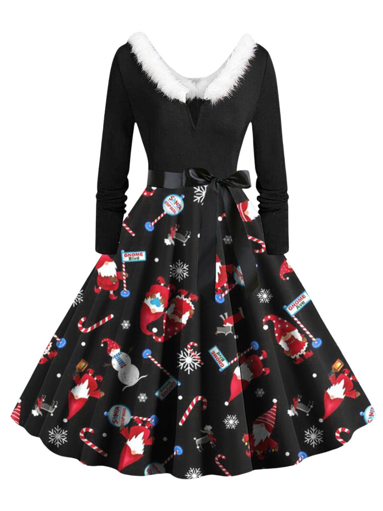 1950s Christmas V-Neck Fur Collar Swing Dress