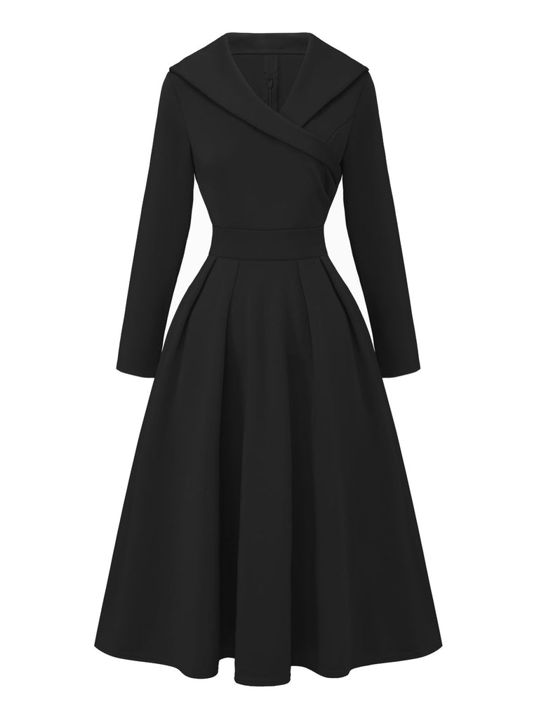 1950s Solid Lapel High Waist Swing Dress