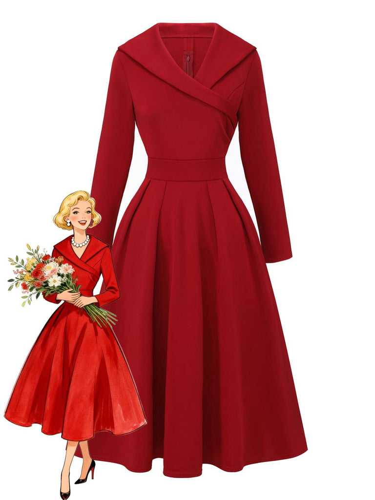 1950s Solid Lapel High Waist Swing Dress