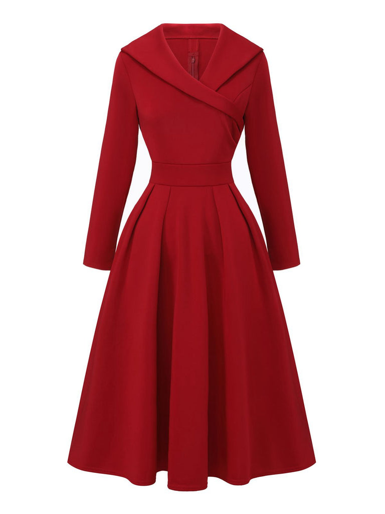 1950s Solid Lapel High Waist Swing Dress