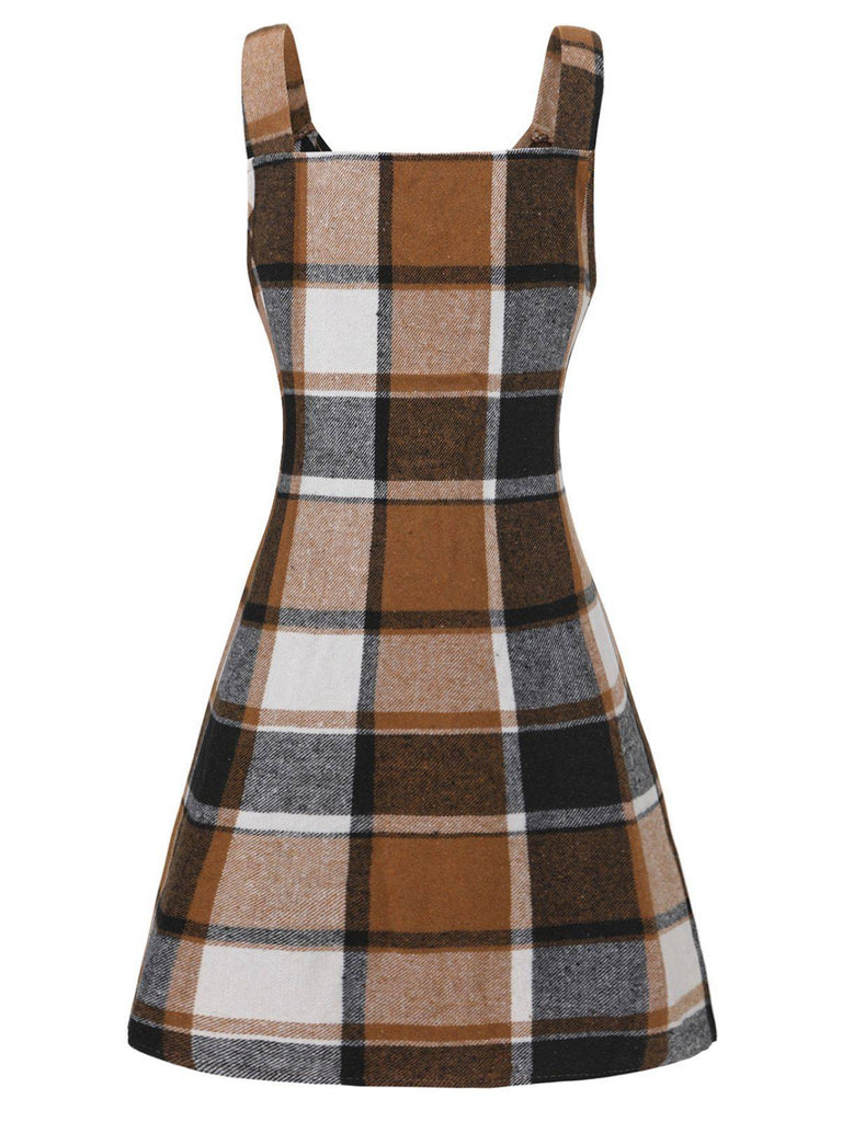 Brown 1970s Plaid V-Neck Pocket Overall Dress