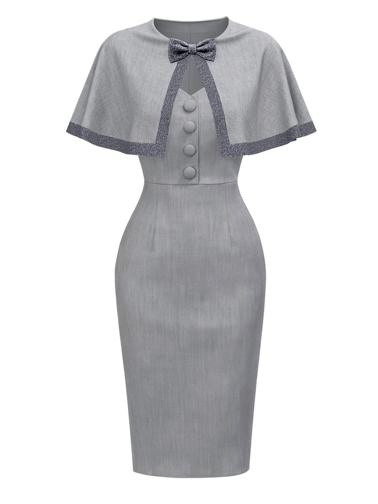 [Pre-Sale] Grey 1960s Solid Bow Caped Midi Bodycon Dress