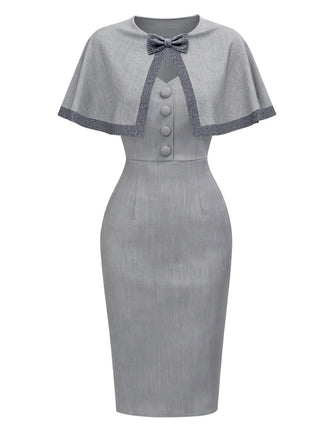 [Pre-Sale] Grey 1960s Solid Bow Caped Midi Bodycon Dress