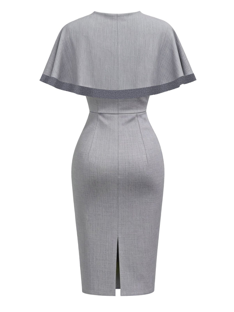 [Pre-Sale] Grey 1960s Solid Bow Caped Midi Bodycon Dress