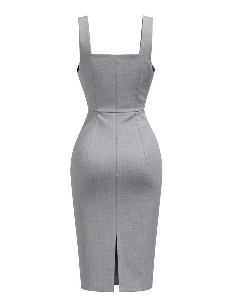 [Pre-Sale] Grey 1960s Solid Bow Caped Midi Bodycon Dress