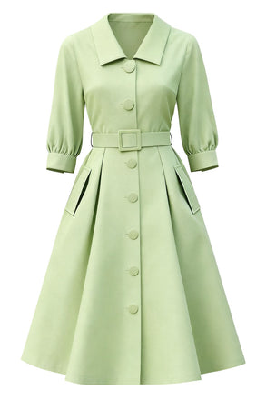 [Pre-Sale] Chartreuse 1950s Solid Three-Quater Sleeve Buttoned Dress