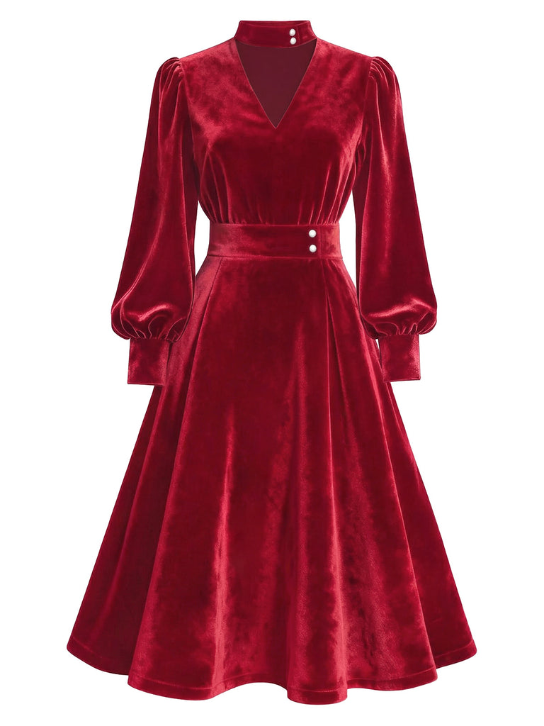 [Pre-Sale] Red 1950s Keyhole V-Neck Pearl Velvet Dress