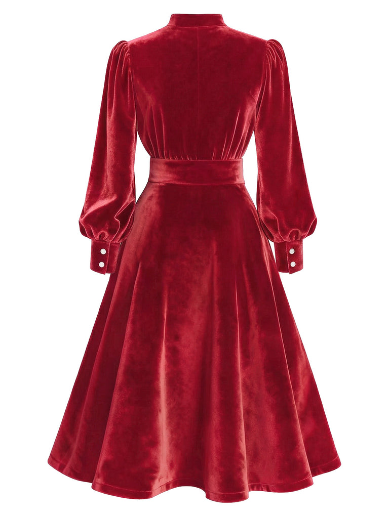 [Pre-Sale] Red 1950s Keyhole V-Neck Pearl Velvet Dress