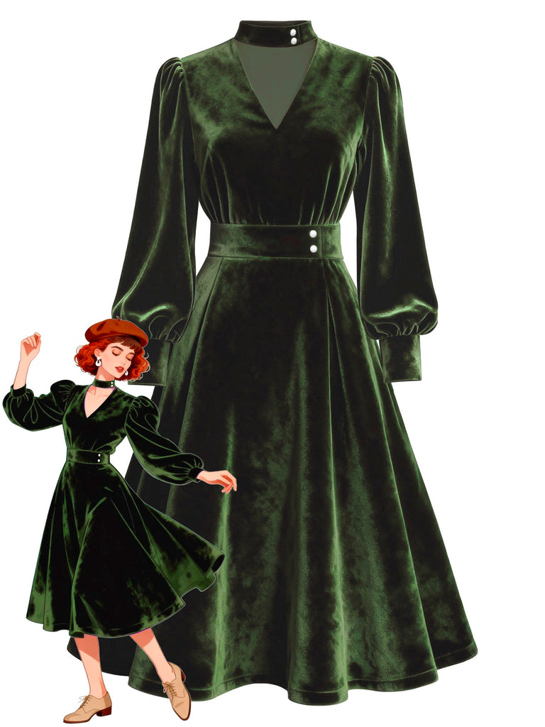 [Pre-Sale] Green 1950s Keyhole V-Neck Pearl Velvet Dress