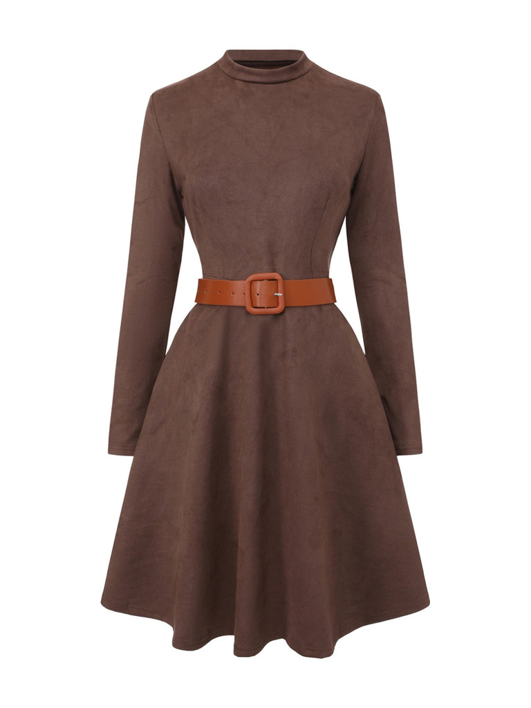 Brown 1970s Long Sleeve Round Neck Dress With Belt
