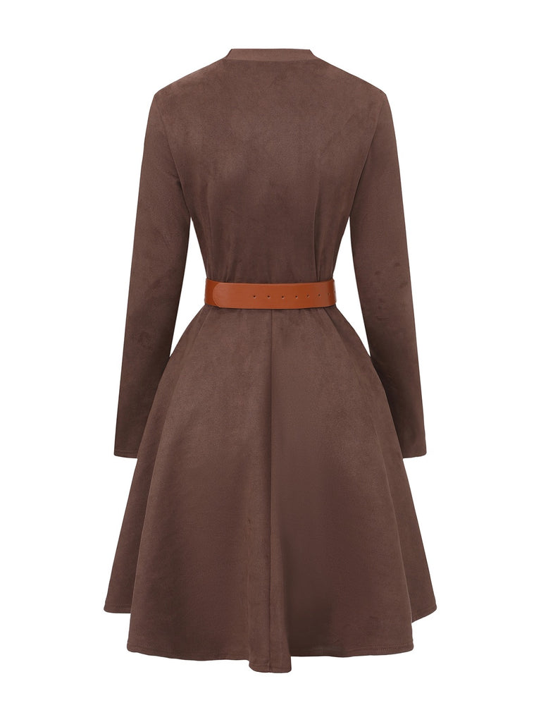 Brown 1970s Long Sleeve Round Neck Dress With Belt