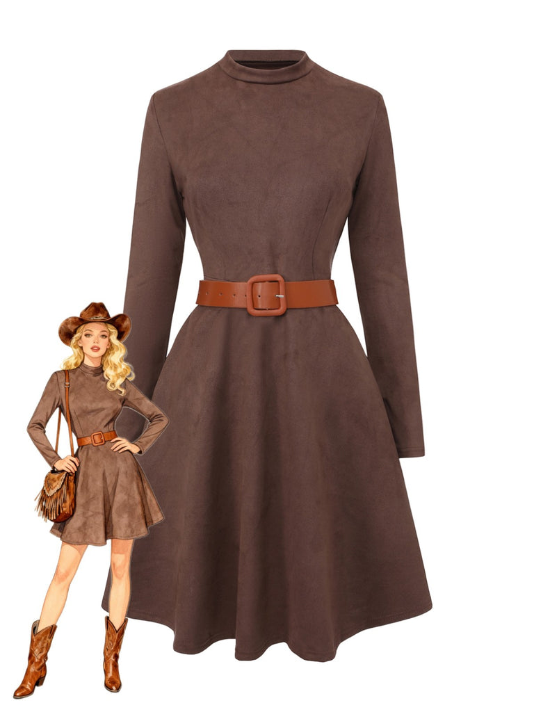 Brown 1970s Long Sleeve Round Neck Dress With Belt