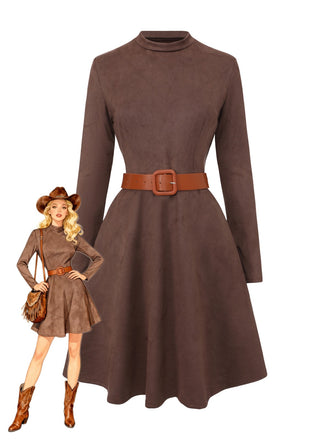 Brown 1970s Long Sleeve Round Neck Dress With Belt