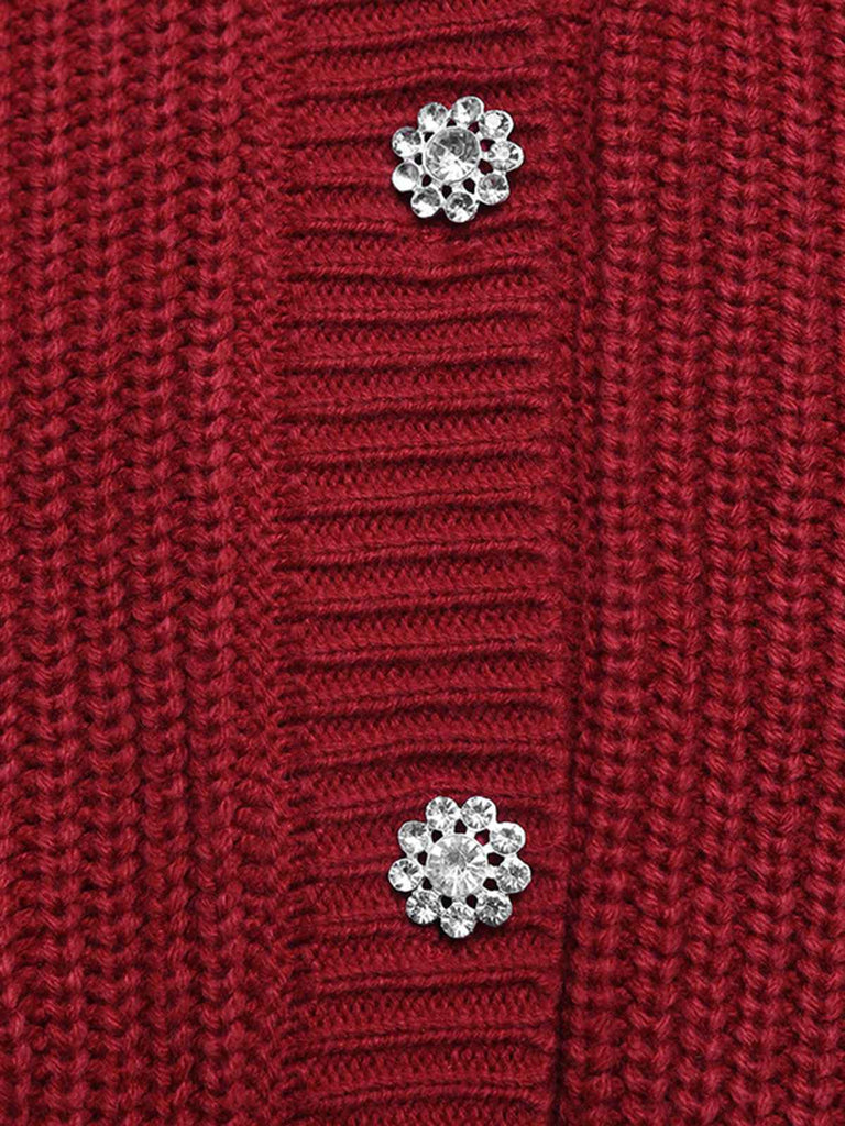 Red 1950s Solid Pearl Beading Loose Knit Cardigan
