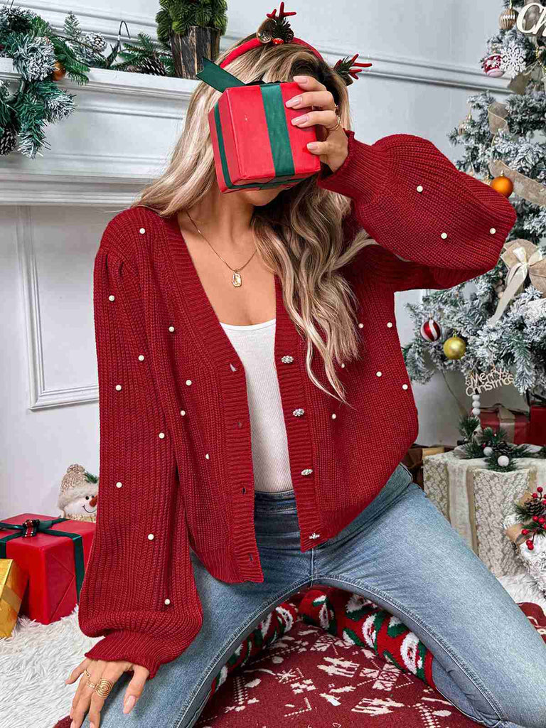 Red 1950s Solid Pearl Beading Loose Knit Cardigan