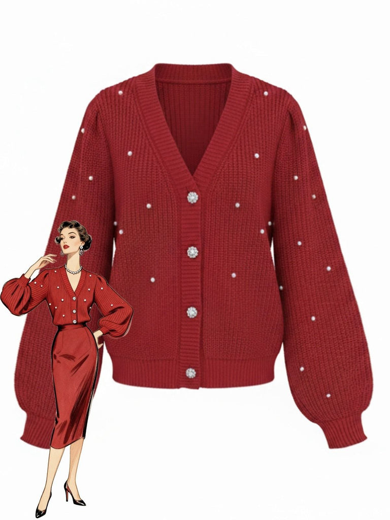 Red 1950s Solid Pearl Beading Loose Knit Cardigan