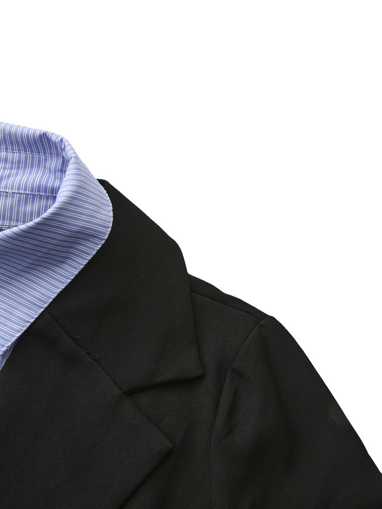 Black 1950s Striped Lapel Faux Two-Piece Blazer