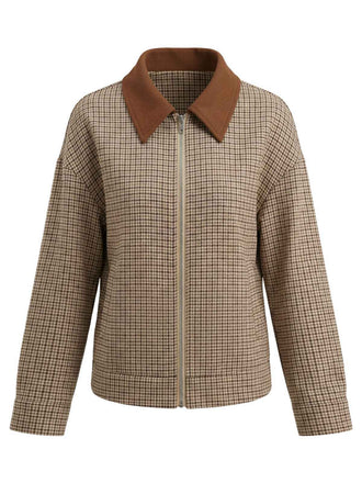 Brown 1950s Lapel Plaid Zipper Jacket