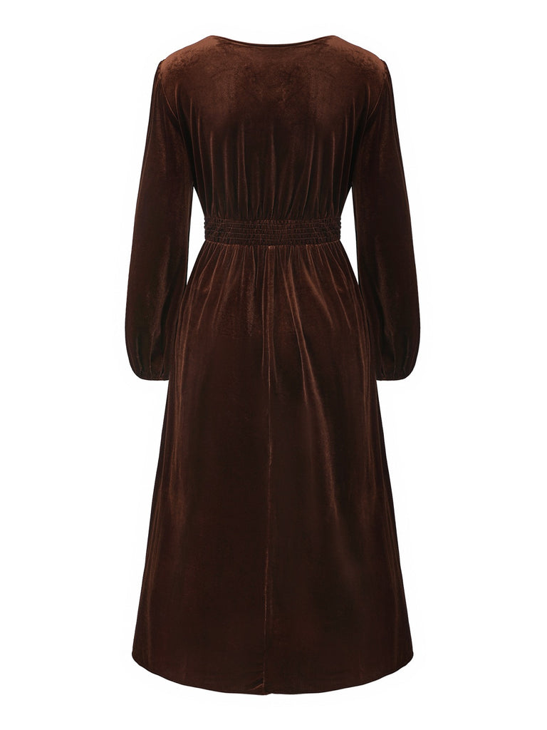 Brown 1940s Solid Lace Patchwork Velvet Dress