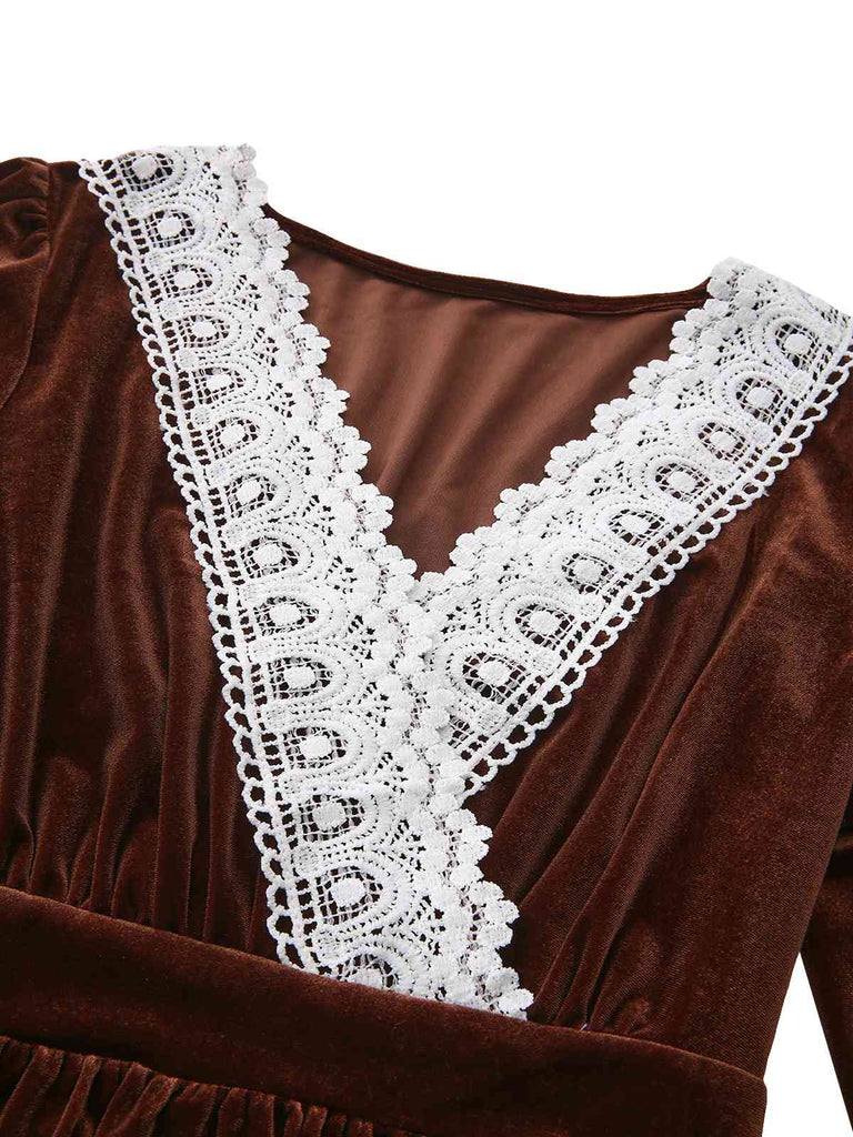 Brown 1940s Solid Lace Patchwork Velvet Dress
