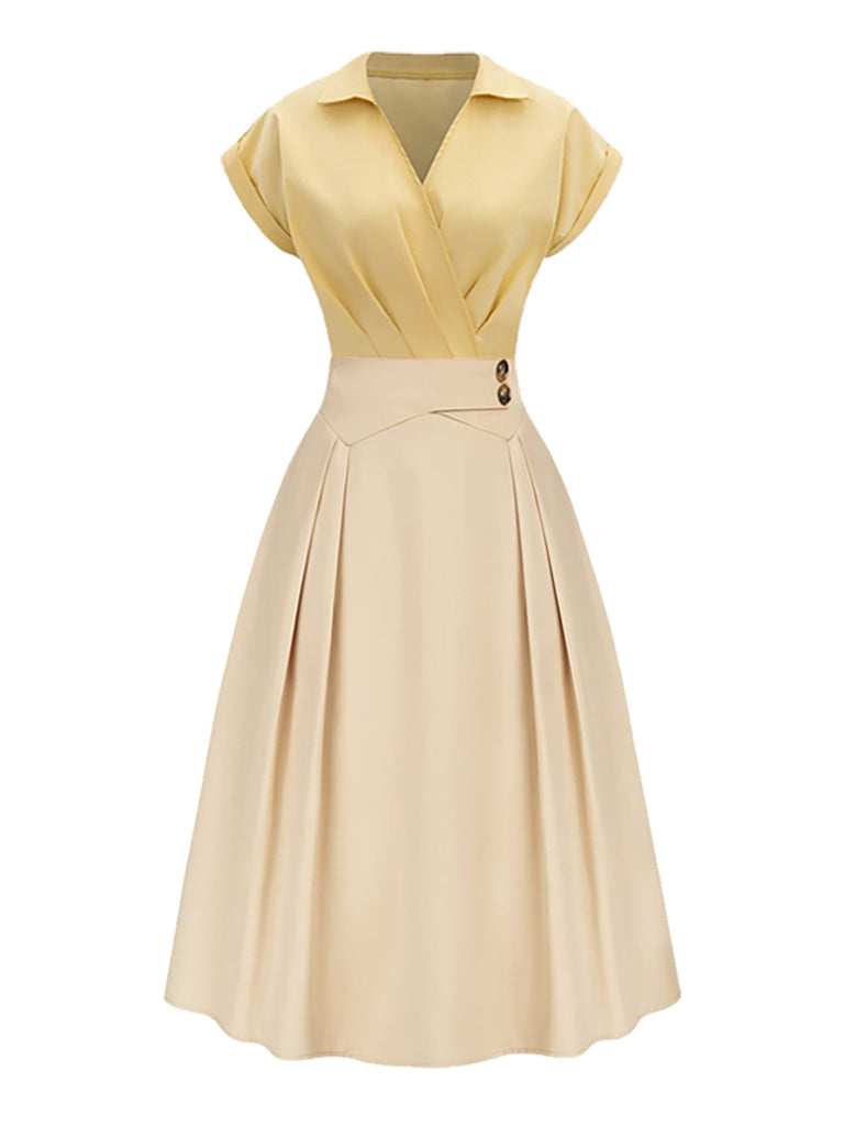 [Pre-Sale] Yellow 1950s Johnny Collar Pleated Patchwork Cotton Dress