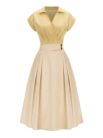 [Pre-Sale] Yellow 1950s Johnny Collar Pleated Patchwork Cotton Dress