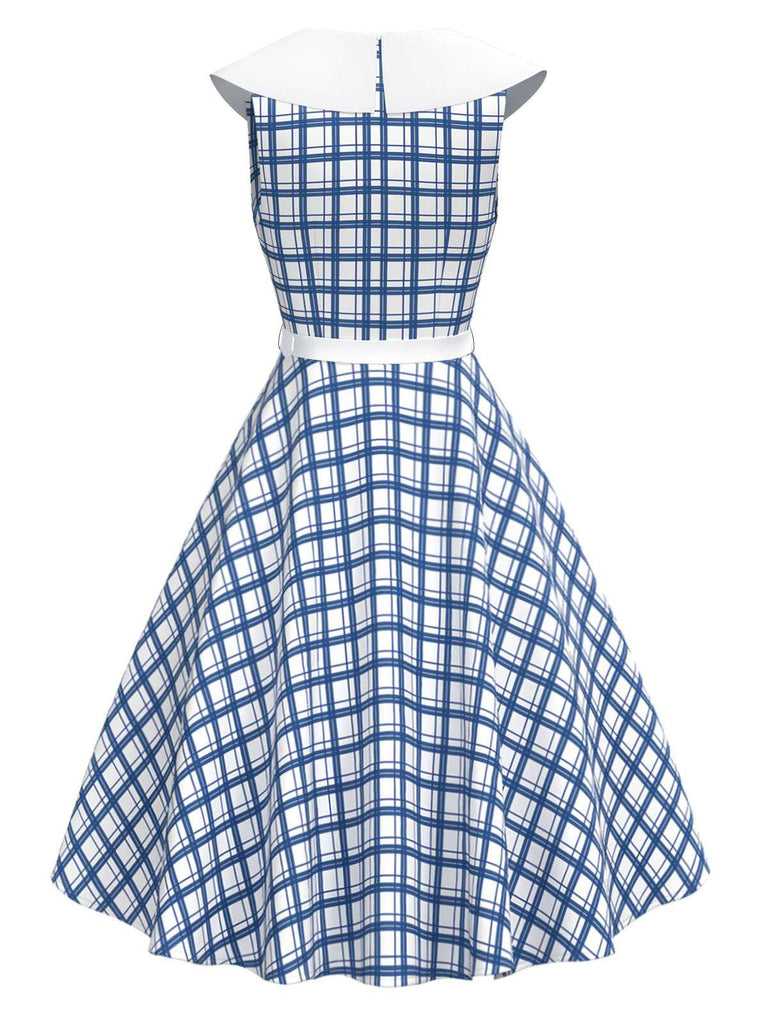 [Pre-Sale] Blue 1950s Sailor Collar Plaid Sleeveless Belted Dress