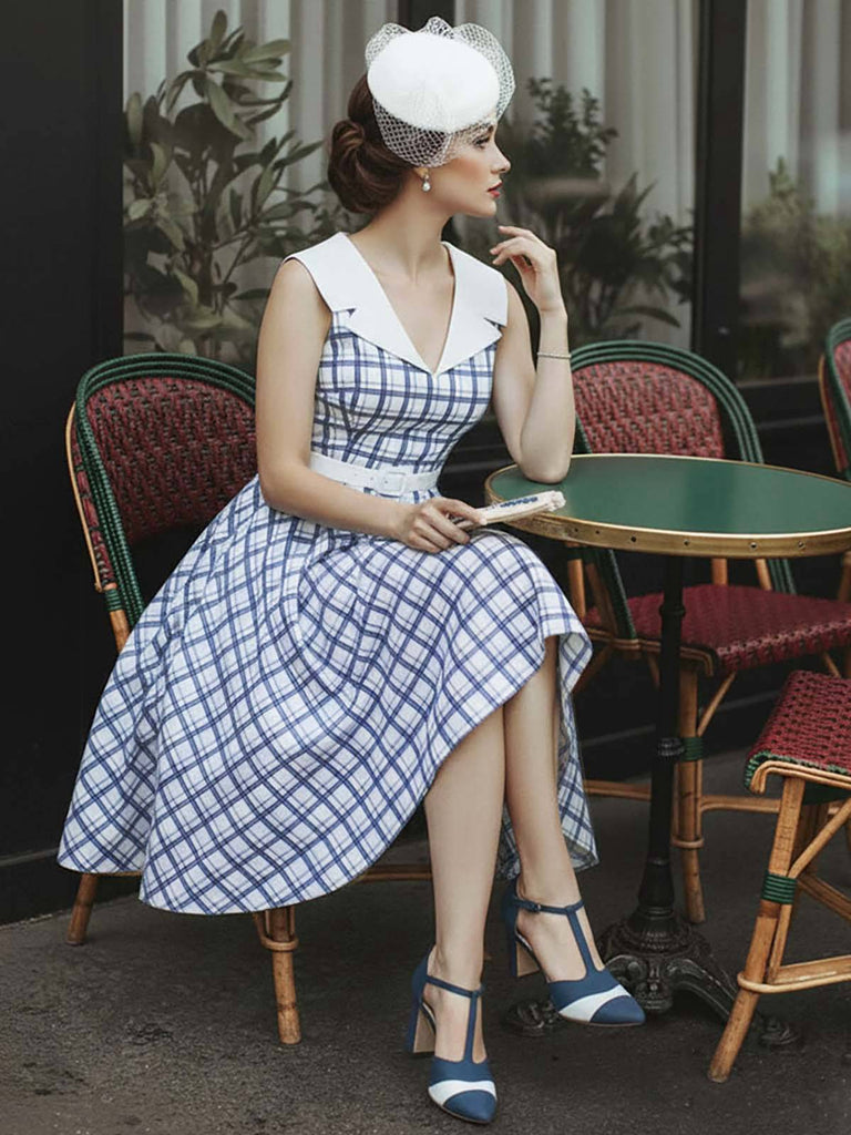 [Pre-Sale] Blue 1950s Sailor Collar Plaid Sleeveless Belted Dress