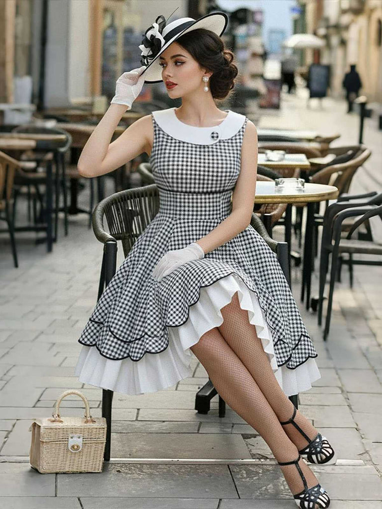 [Pre-Sale] Black & White 1950s Gingham Plaid Petal Hem Dress