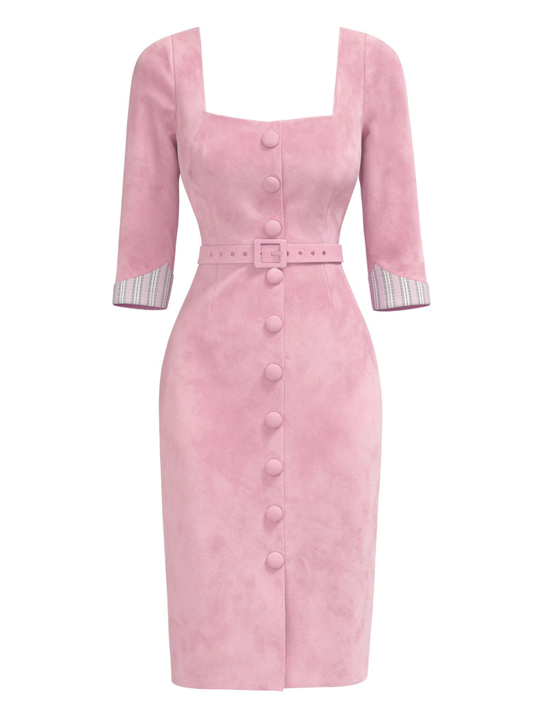 [Pre-Sale] Pink 1960s Suede Square Neck Bodycon Dress