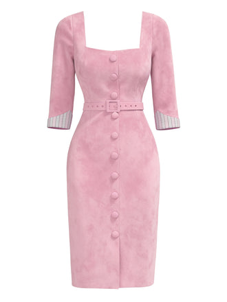 [Pre-Sale] Pink 1960s Suede Square Neck Bodycon Dress
