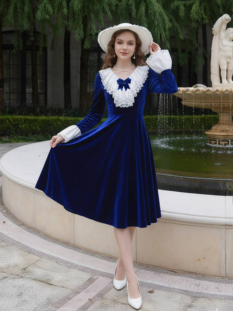 [Pre-Sale] Royal Blue 1940s Velvet V-Neck Lace Bow Dress