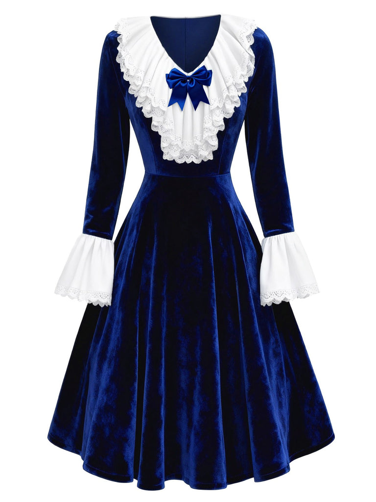 [Pre-Sale] Royal Blue 1940s Velvet V-Neck Lace Bow Dress