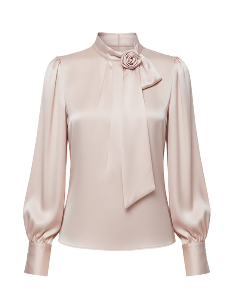 [Pre-Sale] Pink 1970s 3D Rose Satin Stand Collar Blouse