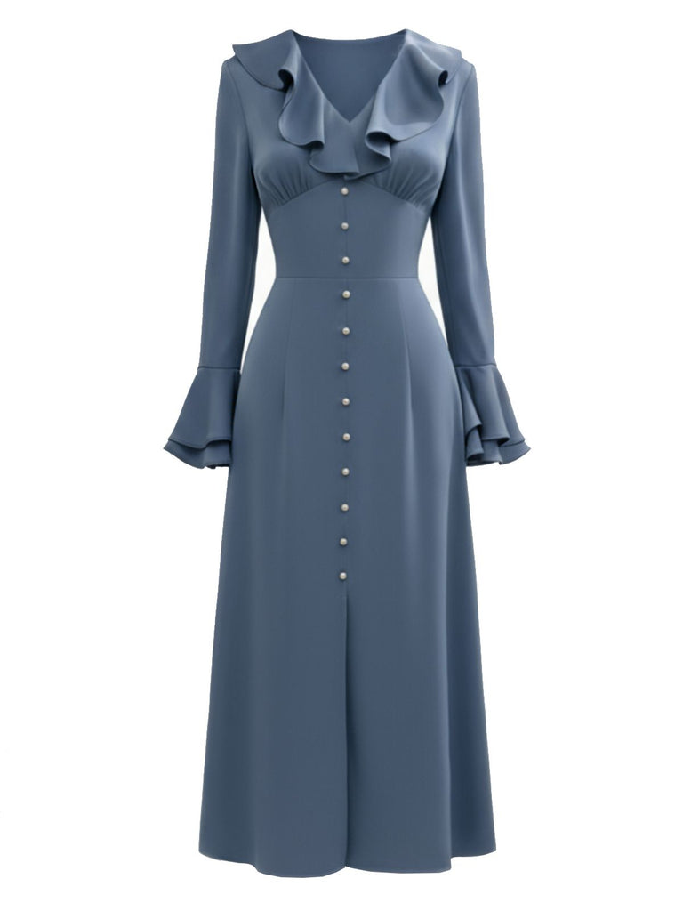 [Pre-Sale] Blue-Gray 1940s Button Satin Split Dress